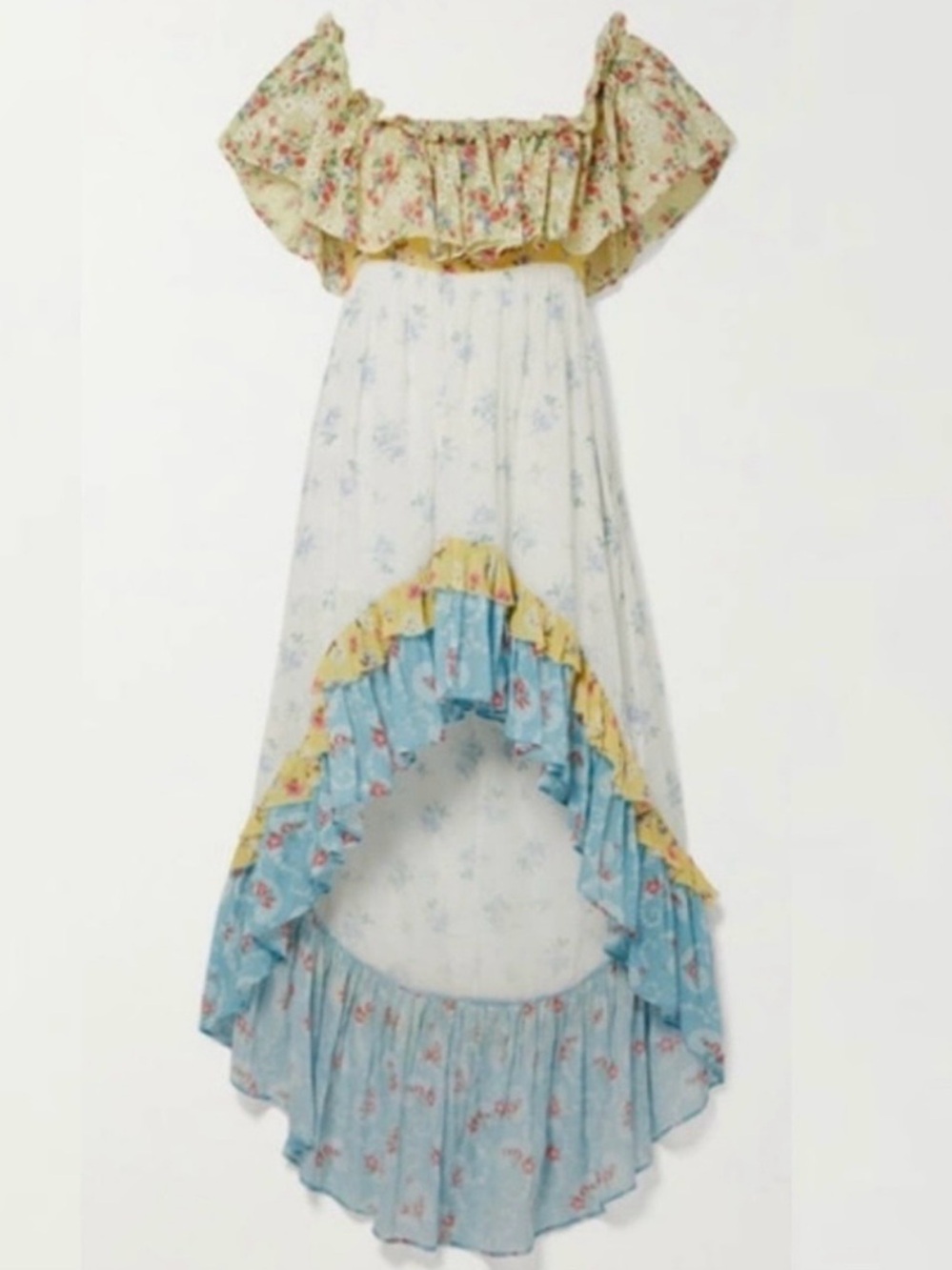 LoveShackFancy Alexia Boho Floral High Low Ruffle Dress Blue White Green Size O